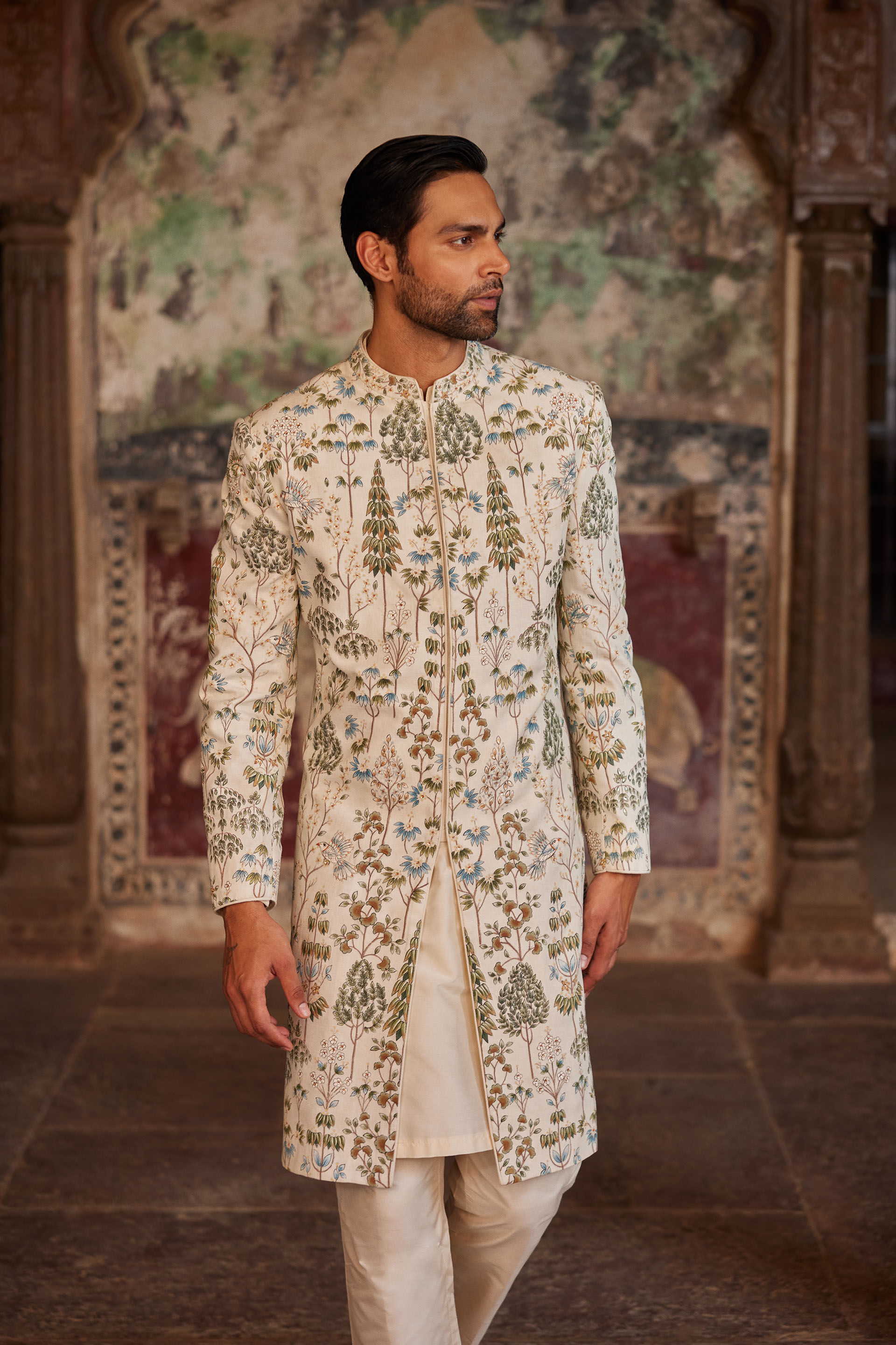 Shahoor Hand-painted Pichhwai Sherwani - Off White, Off White, image 8